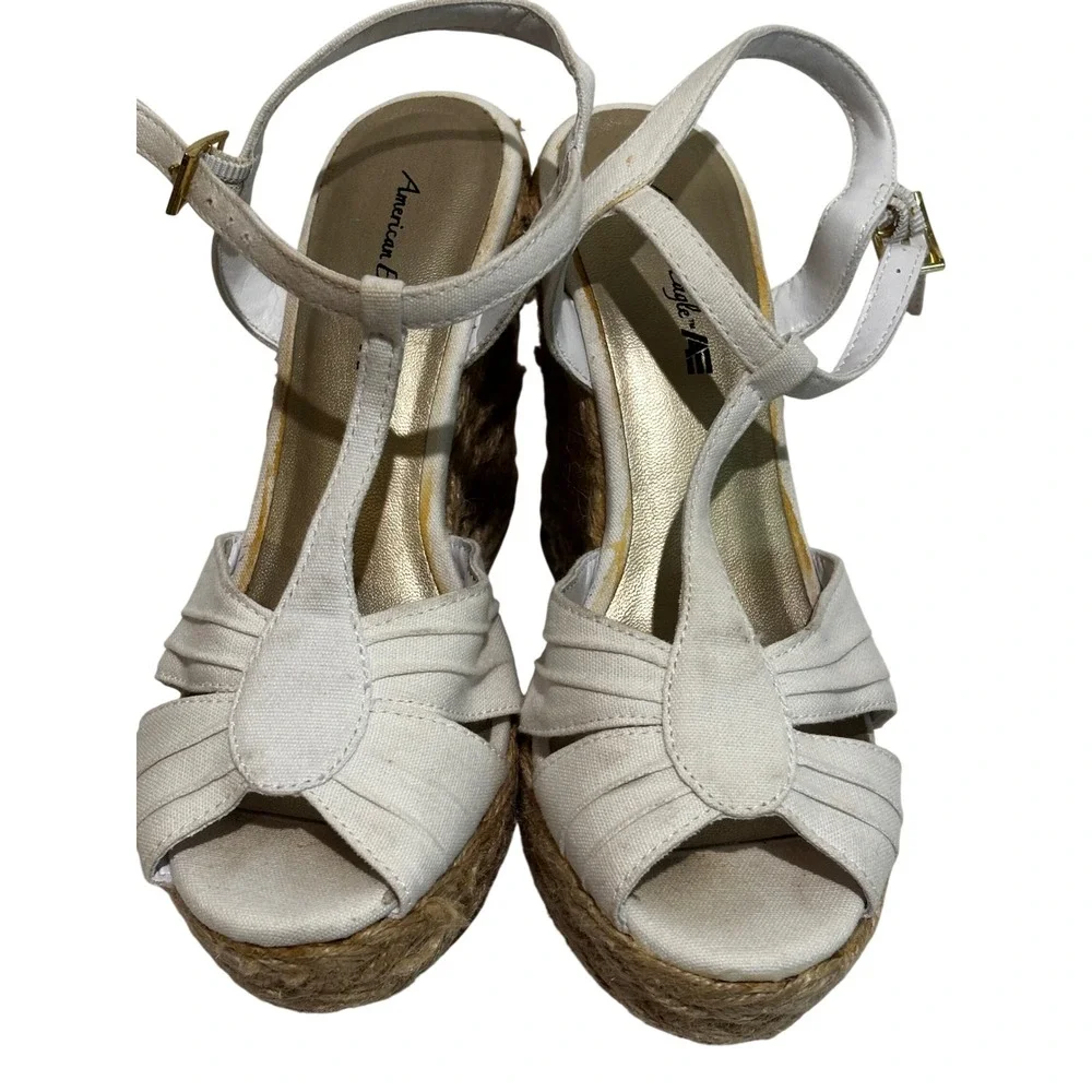 American Eagle White Cream Canvas Espadrille Wedge Sandals T-Strap sz 7.5 boho